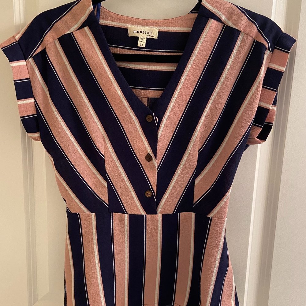 Monteau Pink & Navy Striped Peplum Top, Size Medium